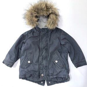 Old Navy Infant Sz 18-24 Months Grey Warm Insulated Parka Zip Jacket W/ Fur Hood